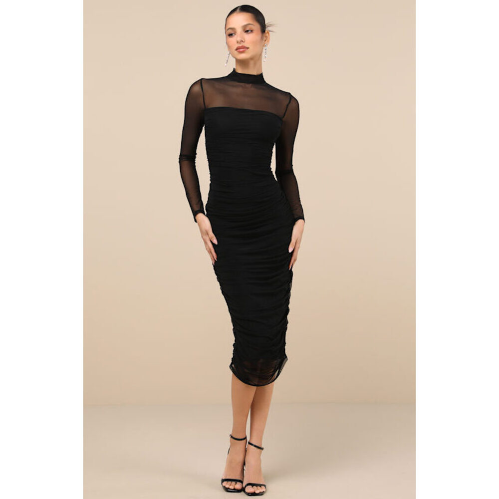 Lulus Impressive Flirt Black Mesh Ruched Mock Neck Midi Dress - Size L